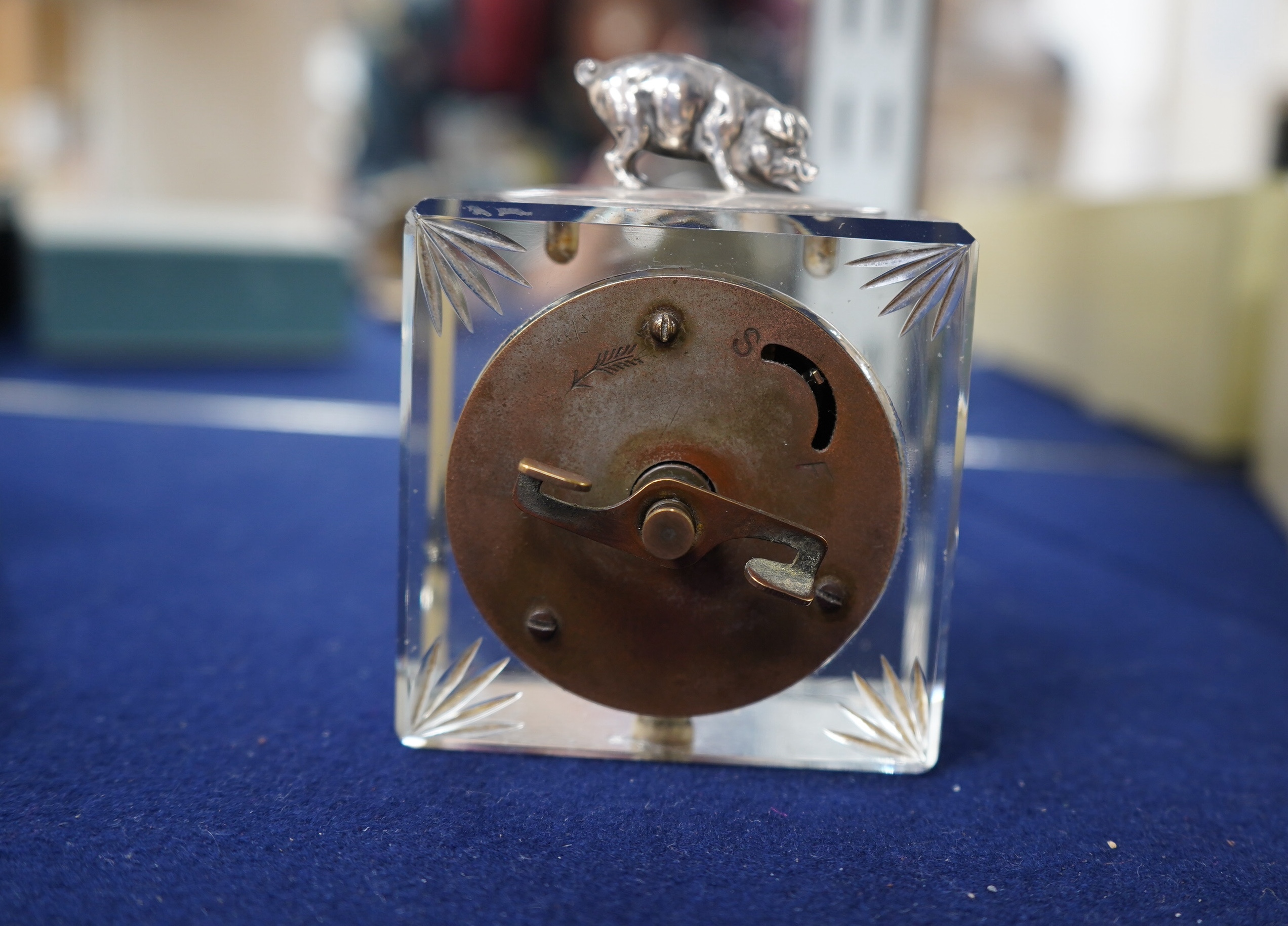 A gold plated Vertex hunter pocket watch and a George V silver mounted glass desk timepiece, with pig finial, height 95mm. Condition - poor.